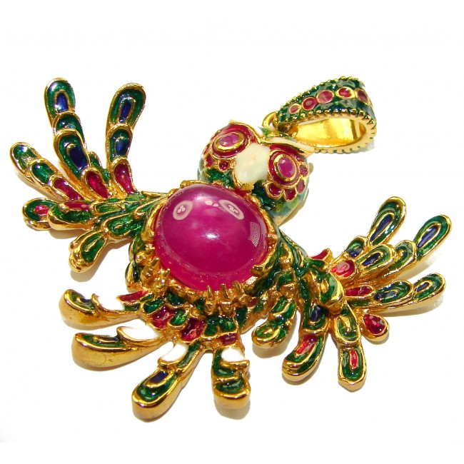Precious Parrot Natural 8.2 carat Star Ruby Enamel 18K Gold over .925 Sterling Silver Pendant