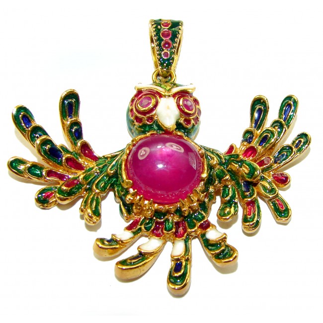 Precious Parrot Natural 8.2 carat Star Ruby Enamel 18K Gold over .925 Sterling Silver Pendant