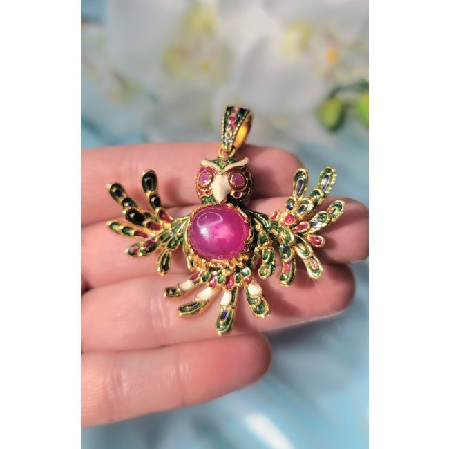 Precious Parrot Natural 8.2 carat Star Ruby Enamel 18K Gold over .925 Sterling Silver Pendant