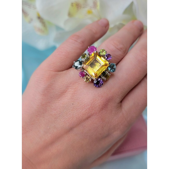 Real Beauty 19.5 carat Authentic Golden Topaz .925 Sterling Silver handcrafted Statement ring size 8