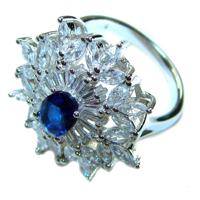My Love 3.2 carat Sapphire .925 Sterling Silver Eternity handcrafted Ring size 7 - Sapphire and crystal ring in side view, sterling silver setting.