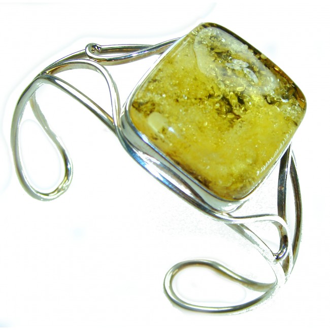 Vintage Design Genuine Polish Amber .925 Sterling Silver handmade Bracelet / Cuff - Front view of vintage Polish amber and sterling silver bracelet.