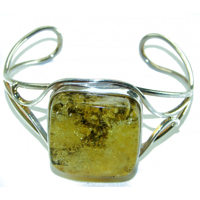 Vintage Design Genuine Polish Amber .925 Sterling Silver handmade Bracelet / Cuff - Front view of vintage design amber sterling silver bracelet.