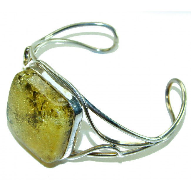 Vintage Design Genuine Polish Amber .925 Sterling Silver handmade Bracelet / Cuff - Side view of vintage silver bracelet with Polish amber stone.