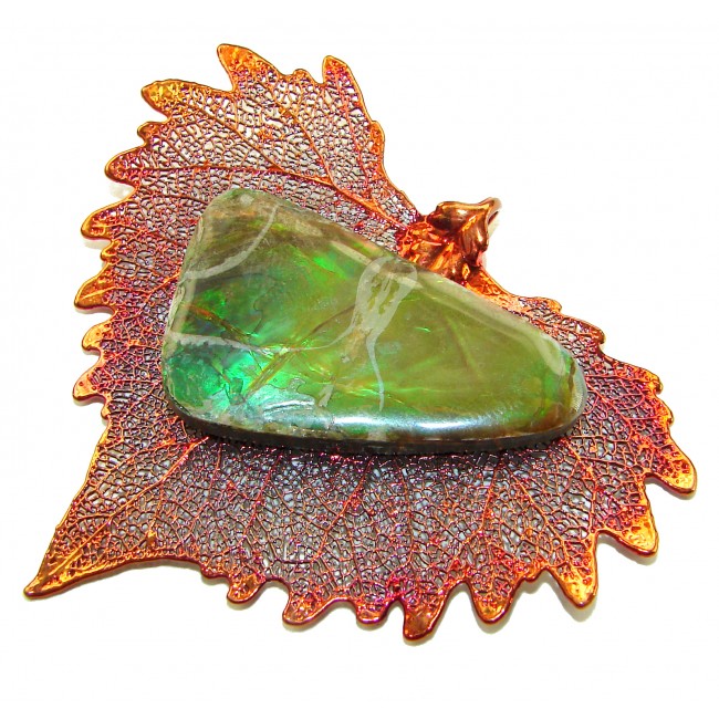 Rain Drop REAL Leaf dipped in copper Canadian Ammolite & .925 Sterling Silver Pendant