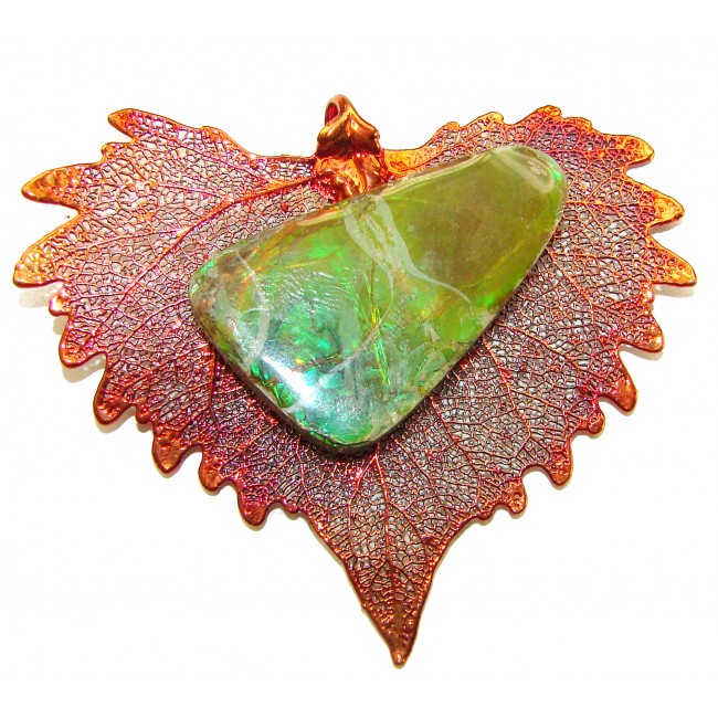 Rain Drop REAL Leaf dipped in copper Canadian Ammolite & .925 Sterling Silver Pendant