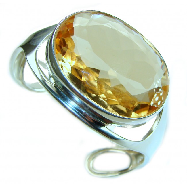 Simplicity 85.5 carat Genuine Lemon Quartz handcrafted .925 Sterling Silver Bracelet / Cuff - Side view of handcrafted ring with 85.5 carat lemon quartz stone.
