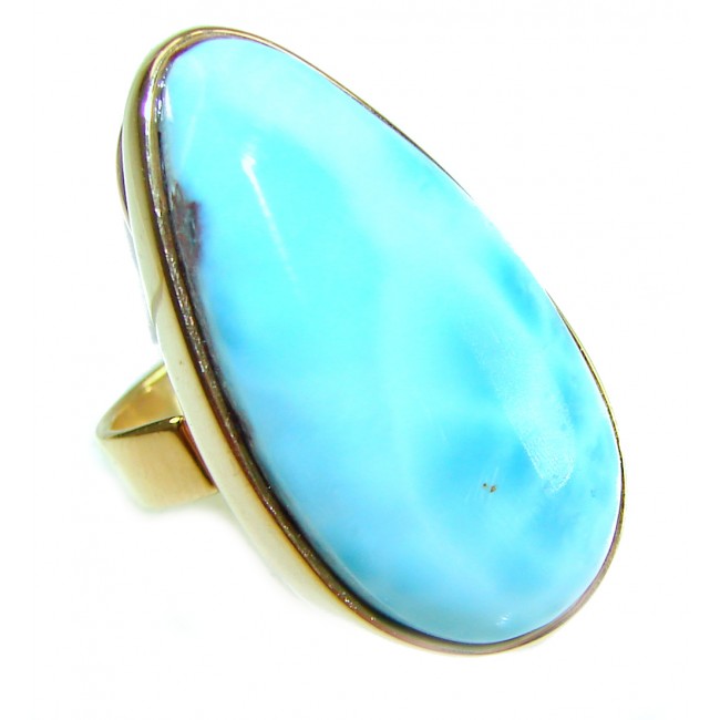 Blue Perfection AAAA QUALITY Blue Larimar 18K Gold over .925 Sterling Silver handmade Large ring size 8 adjustable - Close-up of blue Larimar ring in 18K gold, side view.