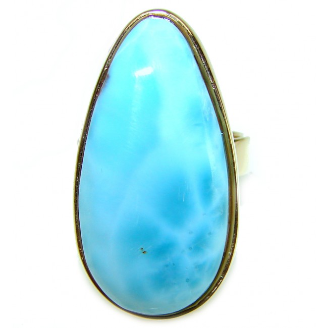 Blue Perfection AAAA QUALITY Blue Larimar 18K Gold over .925 Sterling Silver handmade Large ring size 8 adjustable - Close-up of blue Larimar stone set in 18K gold ring.