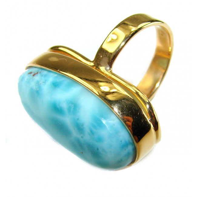 Blue Perfection AAAA QUALITY Blue Larimar 18K Gold over .925 Sterling Silver handmade Large ring size 8 adjustable - Side view of Blue Larimar stone in 18K gold ring setting.