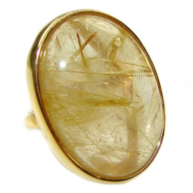 LARGE Best quality Golden Rutilated Quartz 14K Gold over .925 Sterling Silver handcrafted Ring Size 7 1/2 - Golden Rutilated Quartz ring stone close-up, 14K gold setting.
