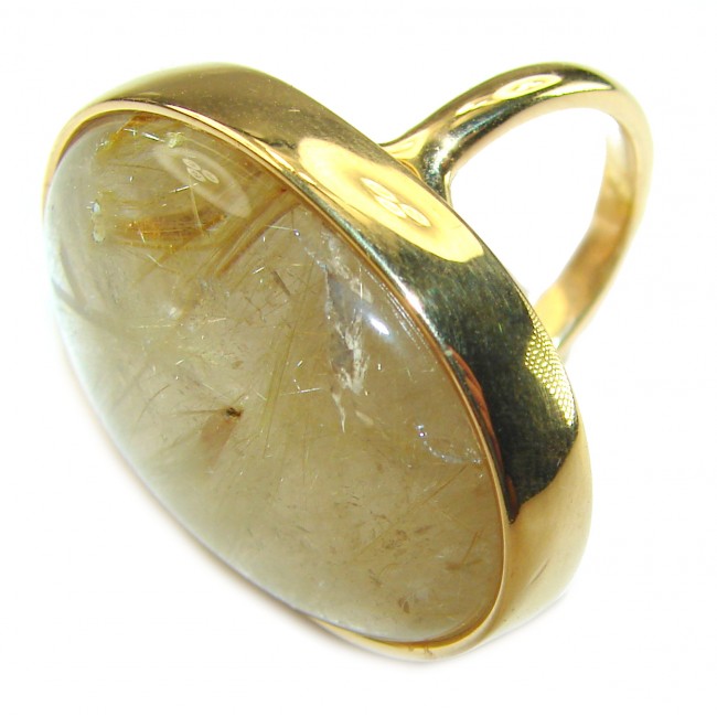 LARGE Best quality Golden Rutilated Quartz 14K Gold over .925 Sterling Silver handcrafted Ring Size 7 1/2 - Side view of large golden rutilated quartz ring in 14K gold setting.
