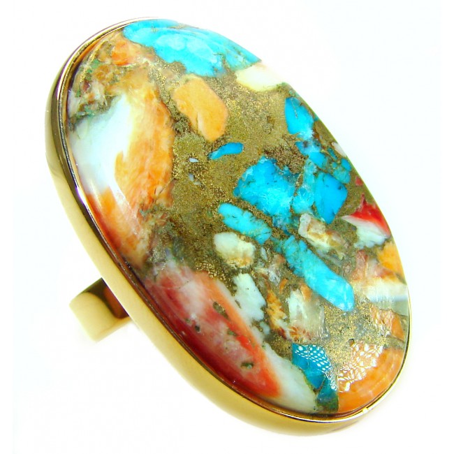 Rare 31.5 carat Oyster Turquoise 18K Gold over .925 Sterling Silver handcrafted Large ring; s. 8 adjustable