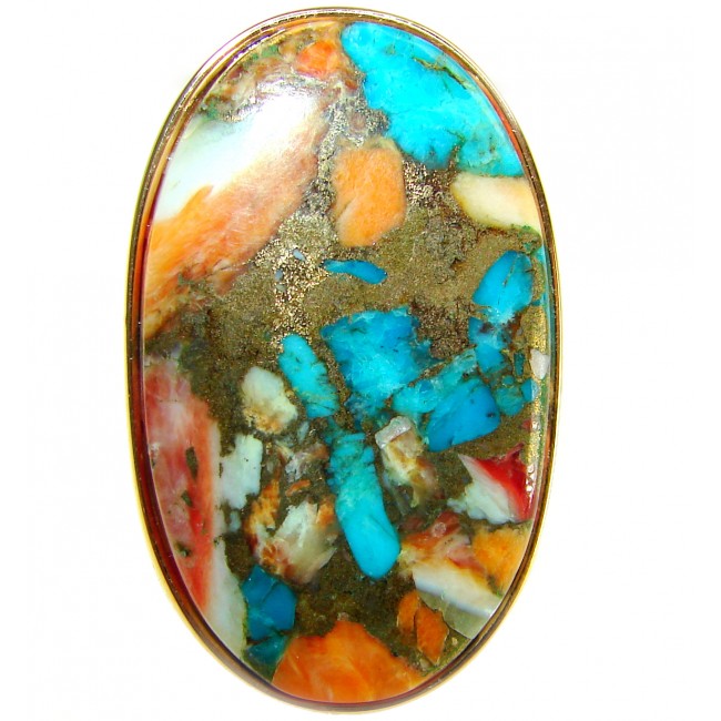 Rare 31.5 carat Oyster Turquoise 18K Gold over .925 Sterling Silver handcrafted Large ring; s. 8 adjustable