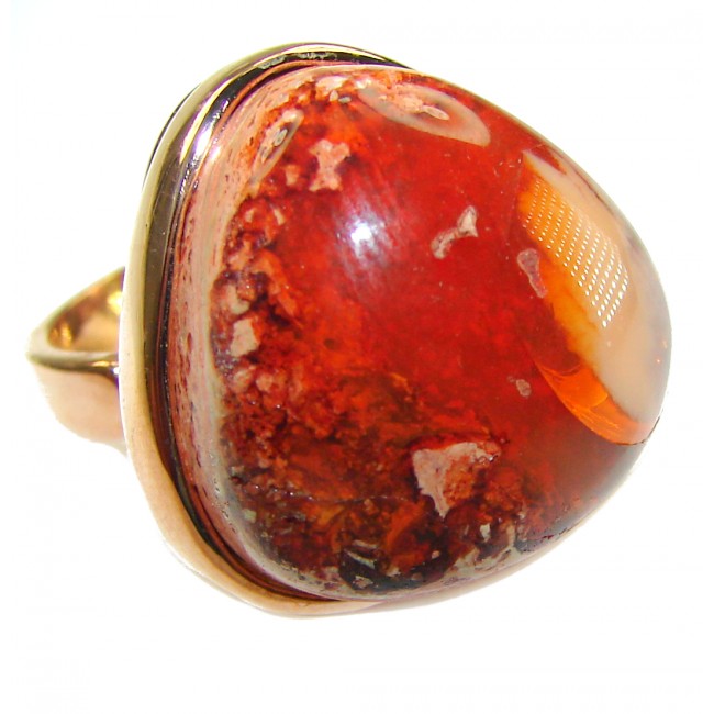 Inner Fire 25.5 carat Authentic Mexican Opal 14K Rose Gold over .925 Sterling Silver handcrafted ring size 8 adjustable - Stone close-up of Mexican Opal ring in 14K Rose Gold.