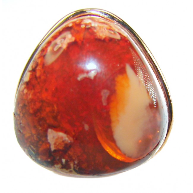 Inner Fire 25.5 carat Authentic Mexican Opal 14K Rose Gold over .925 Sterling Silver handcrafted ring size 8 adjustable - Close-up of Inner Fire 25.5 carat Mexican Opal in 14K Rose Gold.