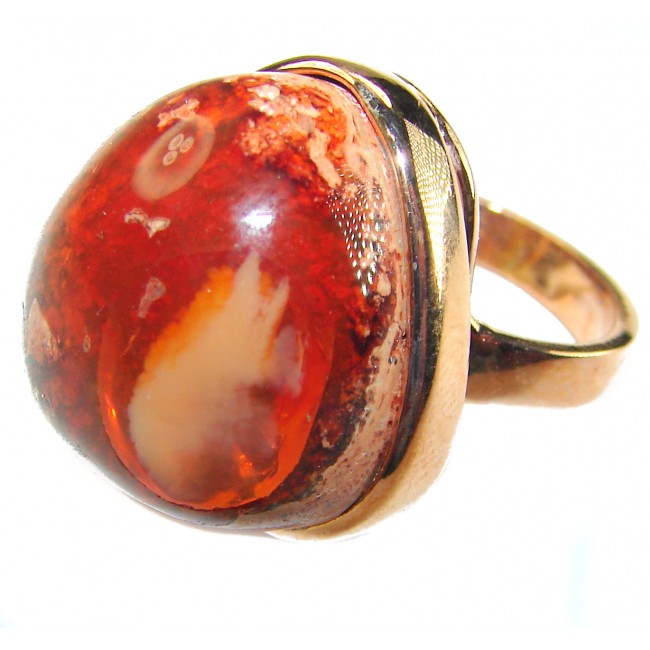 Inner Fire 25.5 carat Authentic Mexican Opal 14K Rose Gold over .925 Sterling Silver handcrafted ring size 8 adjustable - Close-up of Inner Fire Mexican Opal ring in 14K rose gold.