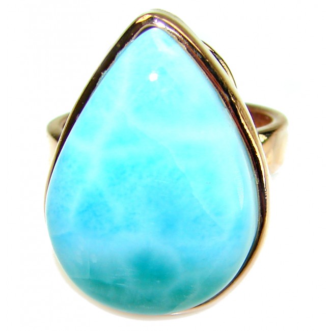 Blue Perfection AAA QUALITY Blue Larimar 18K Rose Gold over .925 Sterling Silver handmade Large ring size 7 adjustable - Close-up of blue Larimar ring set in 18K rose gold.