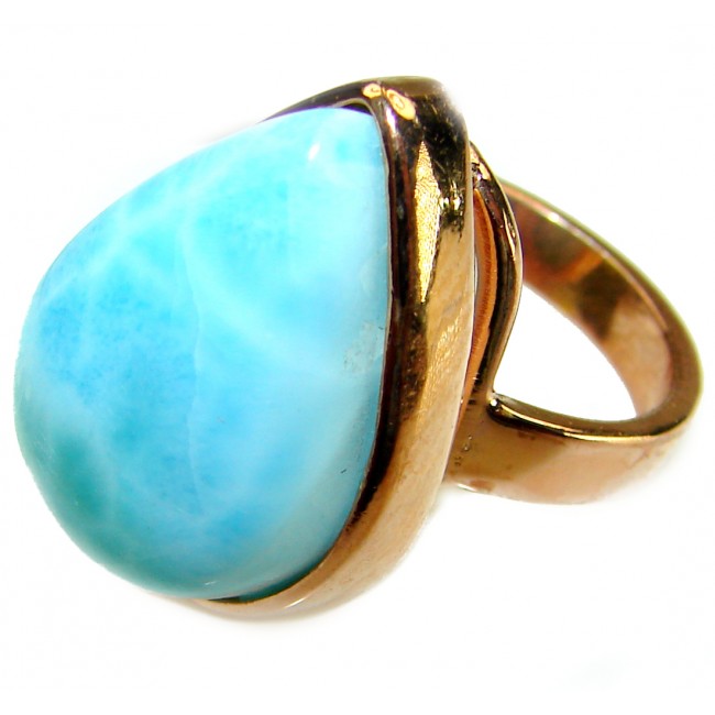 Blue Perfection AAA QUALITY Blue Larimar 18K Rose Gold over .925 Sterling Silver handmade Large ring size 7 adjustable - Close-up of blue Larimar ring with 18K rose gold setting
