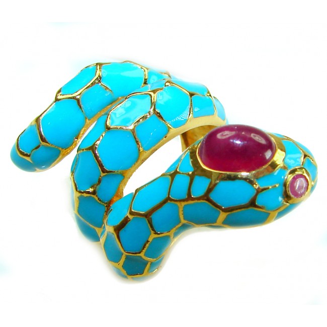Blue Snake inlay Truquoise Enamel 1.8 carat natural Ruby 18K Gold over .925 Sterling Silver Huge handcrafted Ring s. 8 1/2