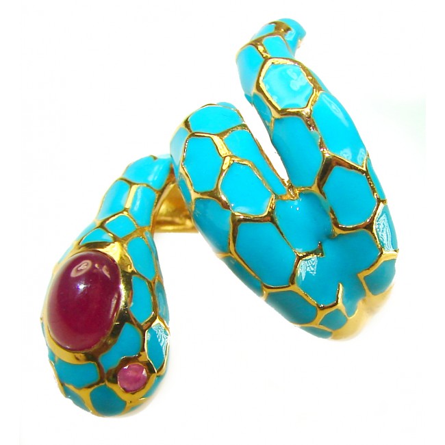 Blue Snake inlay Truquoise Enamel 1.8 carat natural Ruby 18K Gold over .925 Sterling Silver Huge handcrafted Ring s. 8 1/2