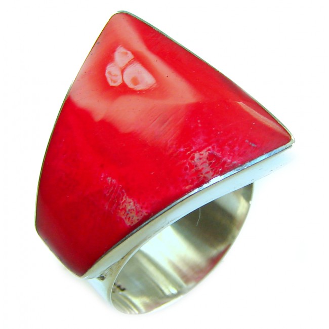 Bohemian Style Natural Fossilized Coral .925 Sterling Silver handmade ring s. 7 adjustable