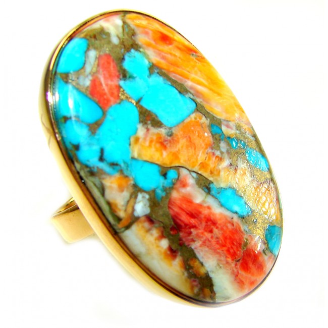 Rare 33.5 carat Oyster Turquoise 18K Gold over .925 Sterling Silver handcrafted Large ring; s. 7 adjustable
