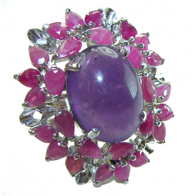 Tiffany 15.2 carat natural Amethyst Ruby .925 Sterling Silver Handcrafted Large Ring size 7 3/4 - Amethyst and ruby silver ring, front view close-up.