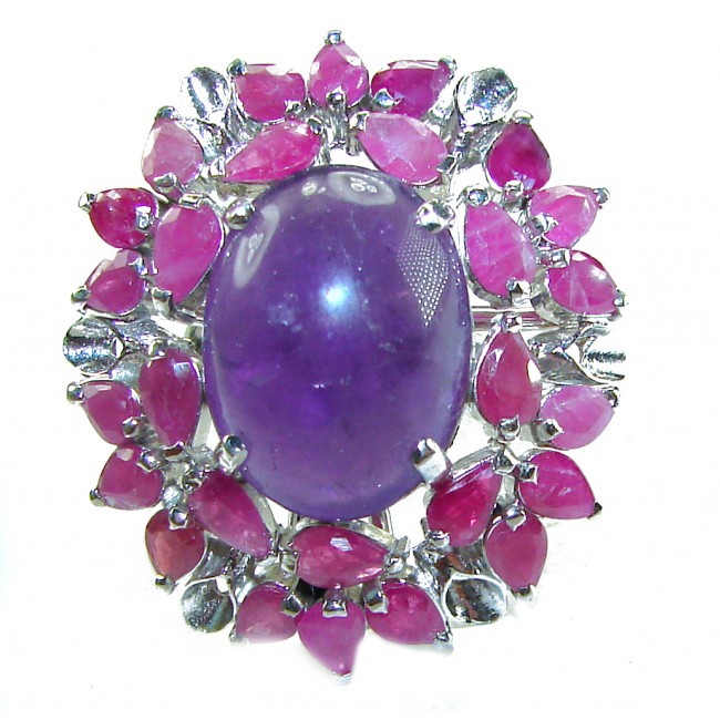 Tiffany 15.2 carat natural Amethyst Ruby .925 Sterling Silver Handcrafted Large Ring size 7 3/4 - Amethyst and ruby ring front view with sterling silver setting