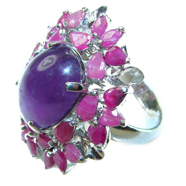 Tiffany 15.2 carat natural Amethyst Ruby .925 Sterling Silver Handcrafted Large Ring size 7 3/4 - Close-up of Tiffany amethyst and ruby ring in sterling silver.
