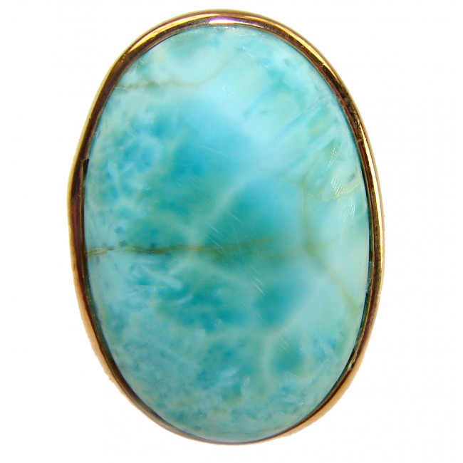 Blue Perfection - Blue Larimar 18K Gold over .925 Sterling Silver handmade Large ring size 7 adjustable - Stone close-up of Blue Larimar with 18K Gold over Sterling Silver