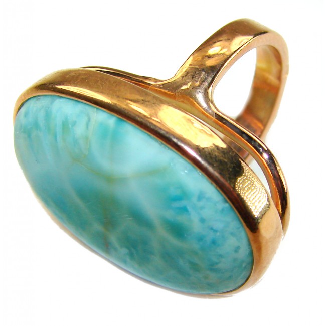 Blue Perfection - Blue Larimar 18K Gold over .925 Sterling Silver handmade Large ring size 7 adjustable - Larimar ring close-up, 18K gold over .925 sterling silver setting.
