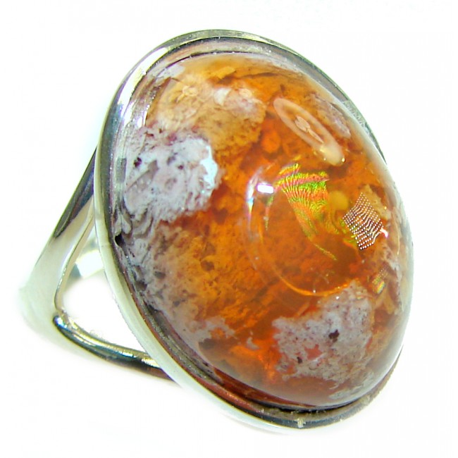 Inner Fire best quality 14.4 carat Mexican Opal .925 Sterling Silver handmade ring 7 - Close-up of 14.4 carat Mexican Opal ring in .925 sterling silver.