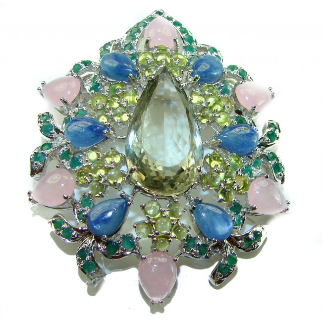 Royalty - Vintage style genuine 85.6 carat Green Amethyst .925 Sterling Silver handmade LARGE Pendant - Brooch - Vintage style brooch with green amethyst, top view, intricate design.