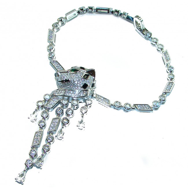 Panthère 4.5 carat Emerald black enamel .925 Sterling Silver handcrafted Bracelet - Panthère necklace front view with emerald and black enamel details