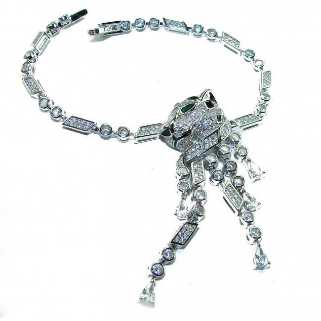 Panthère 4.5 carat Emerald black enamel .925 Sterling Silver handcrafted Bracelet - Front view of panther necklace with emerald and enamel detailing.