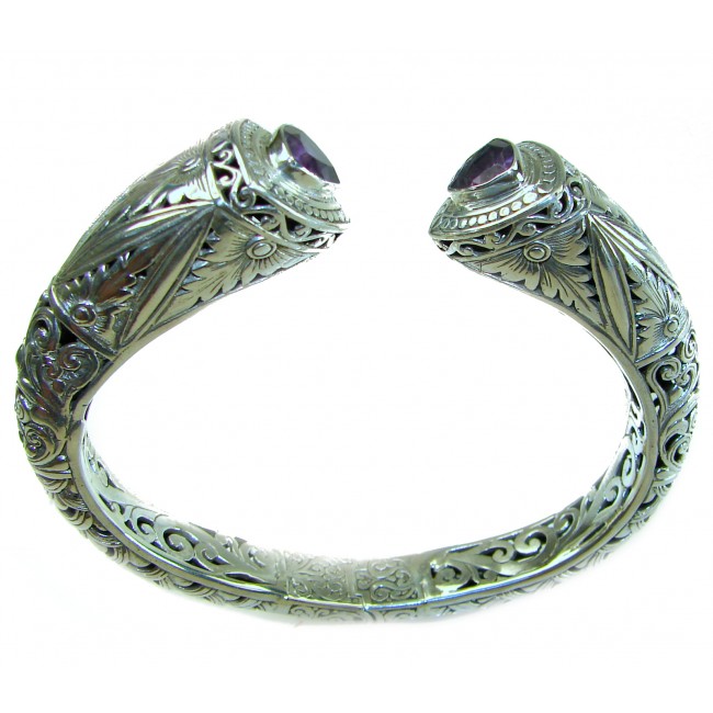 Infinity 49.5 grams authentic 8.9 carat Amethyst Floral Bracelet in .925 Sterling Silver handcrafted bracelet - Side view of intricately engraved Amethyst bracelet with floral design