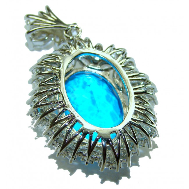 Atlantica 15.5 carat Swiss Blue Topaz .925 Sterling Silver Handcrafted pendant - Close-up of Atlantica Blue Topaz pendant in sterling silver setting.