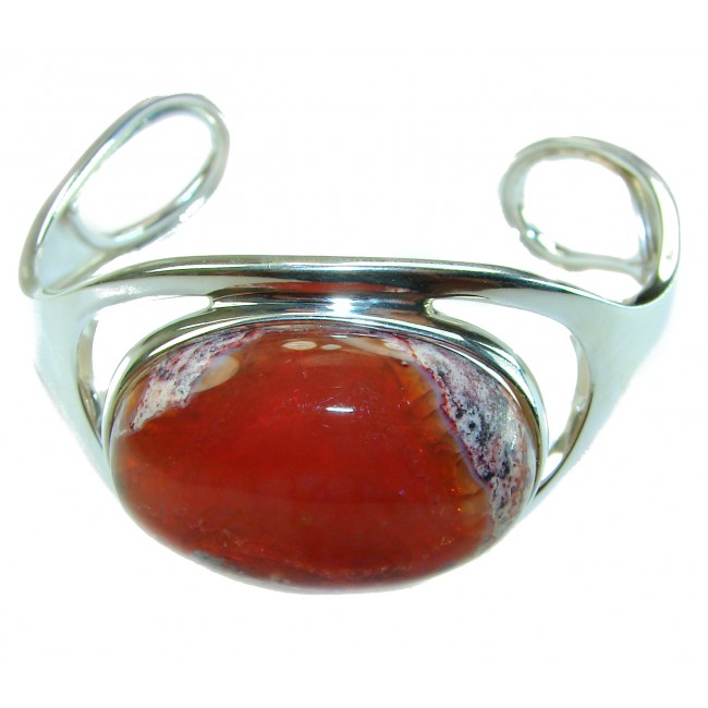 Simplicity 85.5 carat Genuine Mexican Fire Opal handcrafted .925 Sterling Silver Bracelet / Cuff - Mexican Fire Opal bracelet front view with silver setting