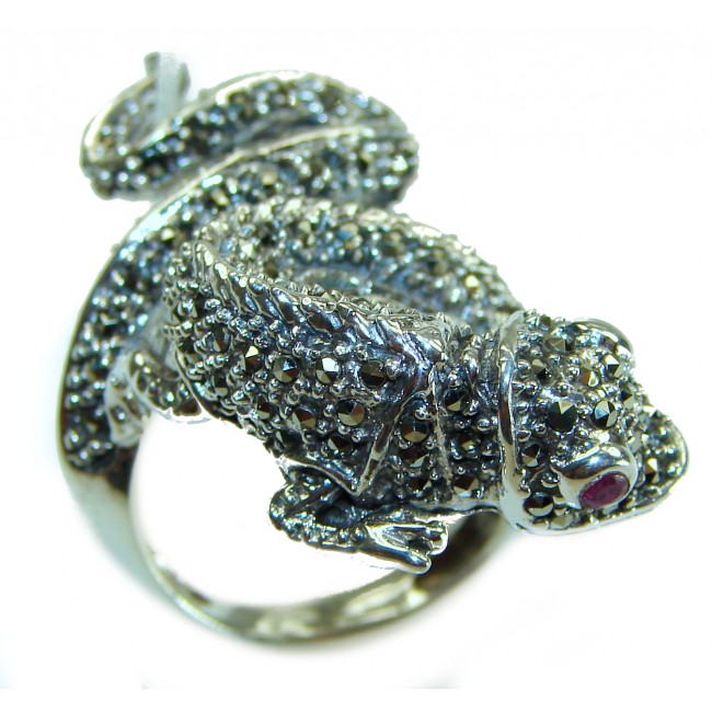 Lizard Natural Marcasite Ruby .925 Statement Sterling Silver ring size 7 - Lizard-shaped ring with marcasite and ruby, angled top view detail.