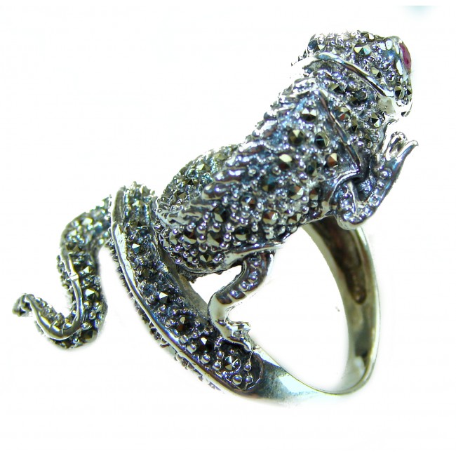 Lizard Natural Marcasite Ruby .925 Statement Sterling Silver ring size 7 - Side view of a lizard statement ring with marcasite and ruby accents.