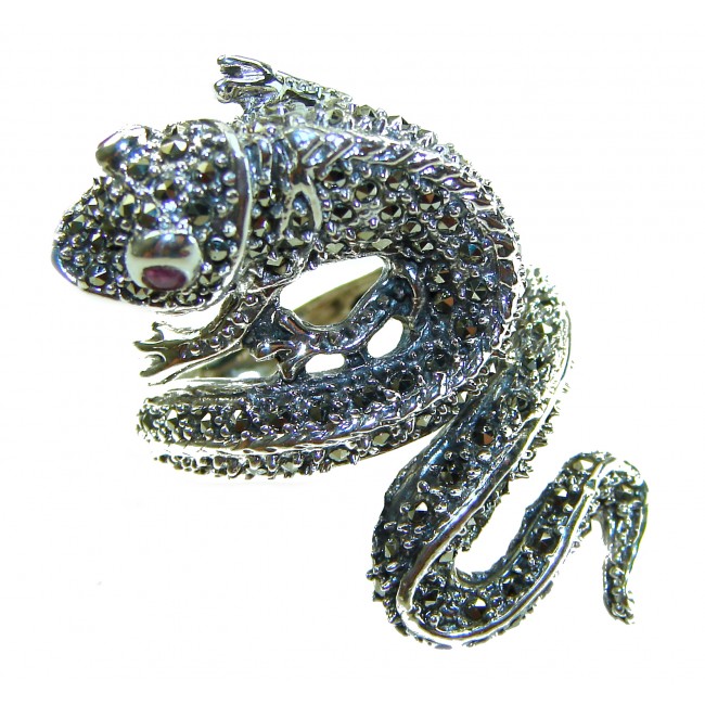 Lizard Natural Marcasite Ruby .925 Statement Sterling Silver ring size 7 - Intricate close-up of lizard-shaped sterling silver ring with marcasite and ruby.