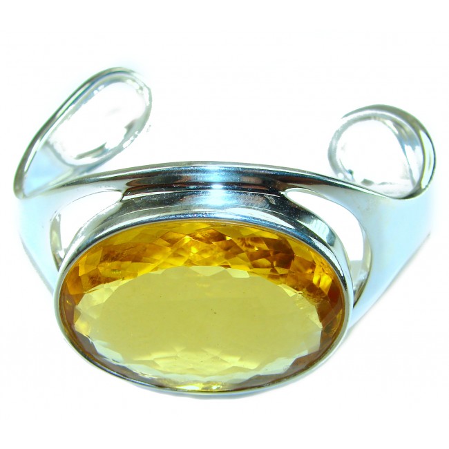 Simplicity 81.5 carat Genuine Lemon Quartz handcrafted .925 Sterling Silver Bracelet / Cuff - Front view of silver cuff with a large lemon quartz stone.