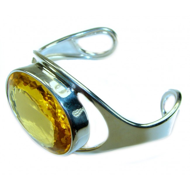 Simplicity 81.5 carat Genuine Lemon Quartz handcrafted .925 Sterling Silver Bracelet / Cuff - Side view of Simplicity cuff with 81.5 carat lemon quartz centerpiece.