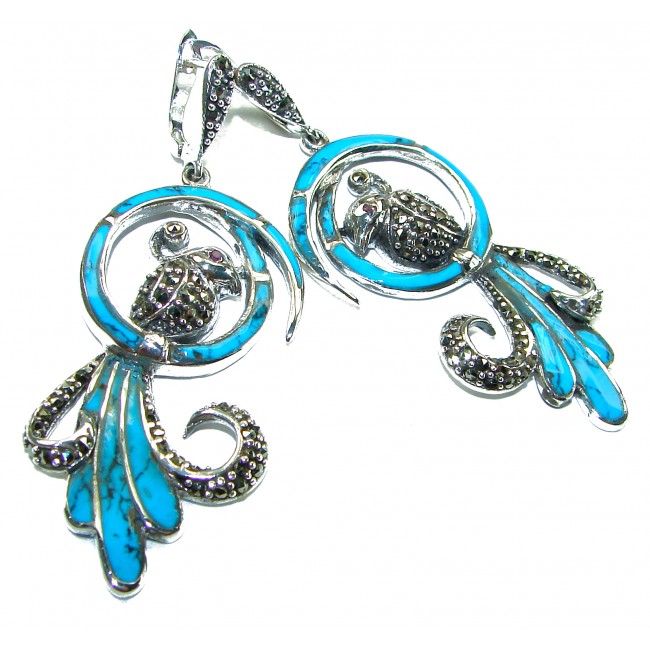 Long! Blue Parrots Natural inlay Turquoise Marcasite .925 Sterling Silver handmade Statament earrings