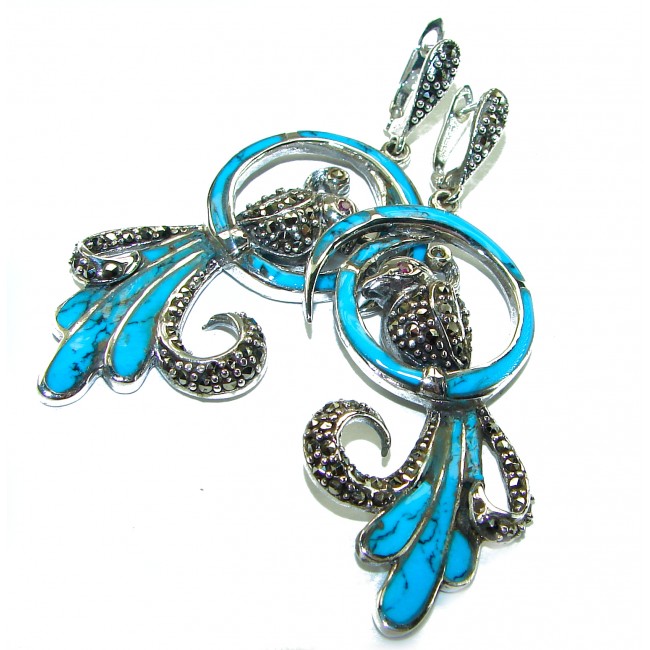 Long! Blue Parrots Natural inlay Turquoise Marcasite .925 Sterling Silver handmade Statament earrings