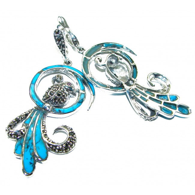 Long! Blue Parrots Natural inlay Turquoise Marcasite .925 Sterling Silver handmade Statament earrings