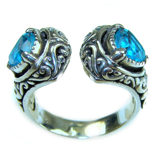 Purity 8.8 carat authentic Swiss Blue Topaz .925 Sterling Silver handmade Ring size 6 - Open ring with Swiss Blue Topaz, ornate silver detail, close-up view.