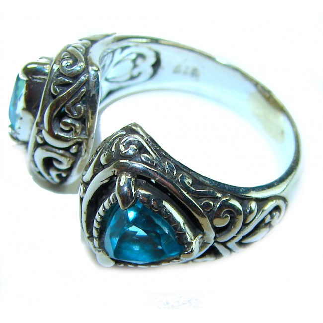 Purity 8.8 carat authentic Swiss Blue Topaz .925 Sterling Silver handmade Ring size 6 - Close-up of Swiss Blue Topaz ring in .925 Sterling Silver.