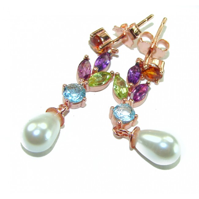 Genuine Pearl Multigem 18K Gold over .925 Sterling Silver handcrafted Statement Earrings